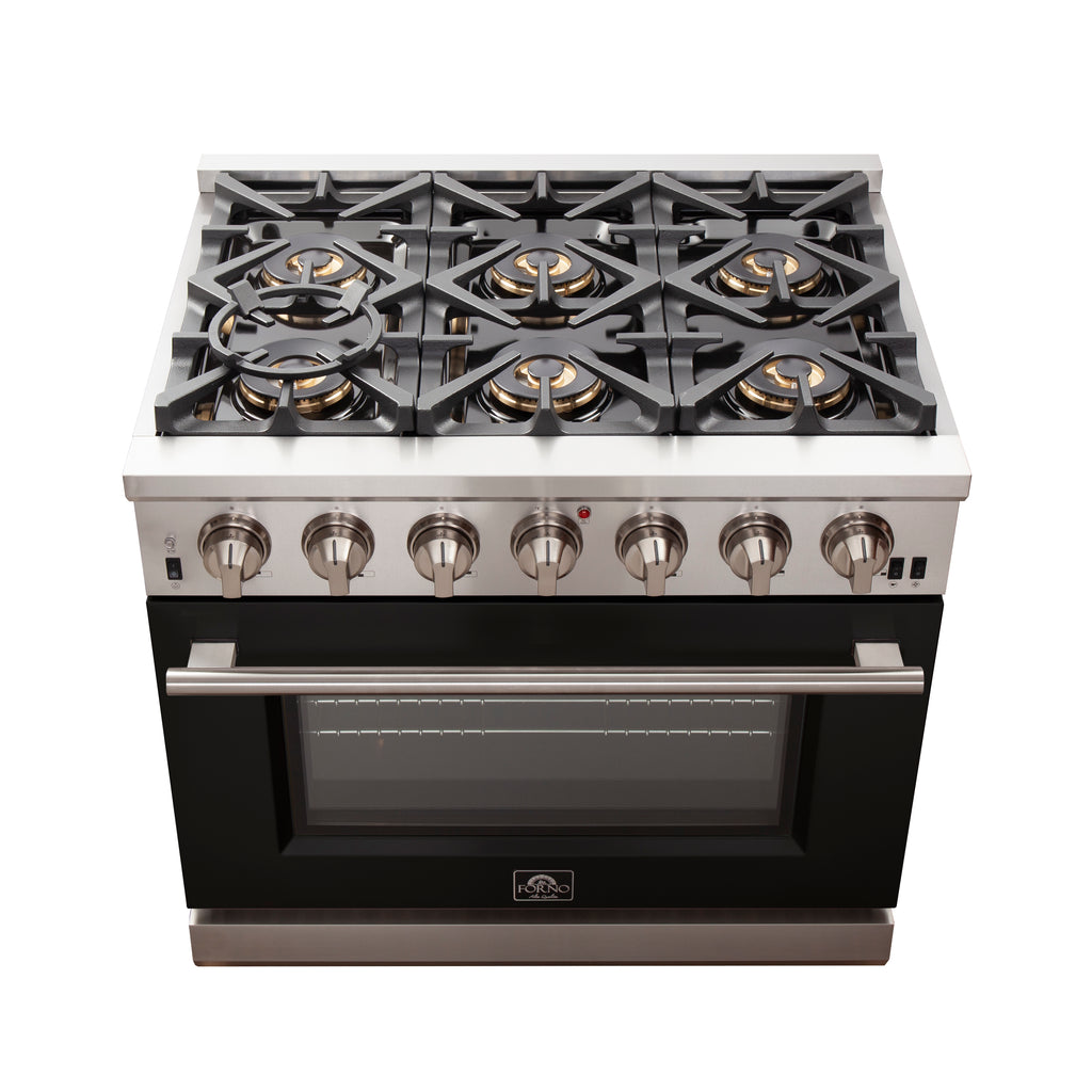 Forno Capriasca 36" Freestanding Gas Range All Stainless Steel, 6 Brass Burners 120,000 BTU, Wok Support