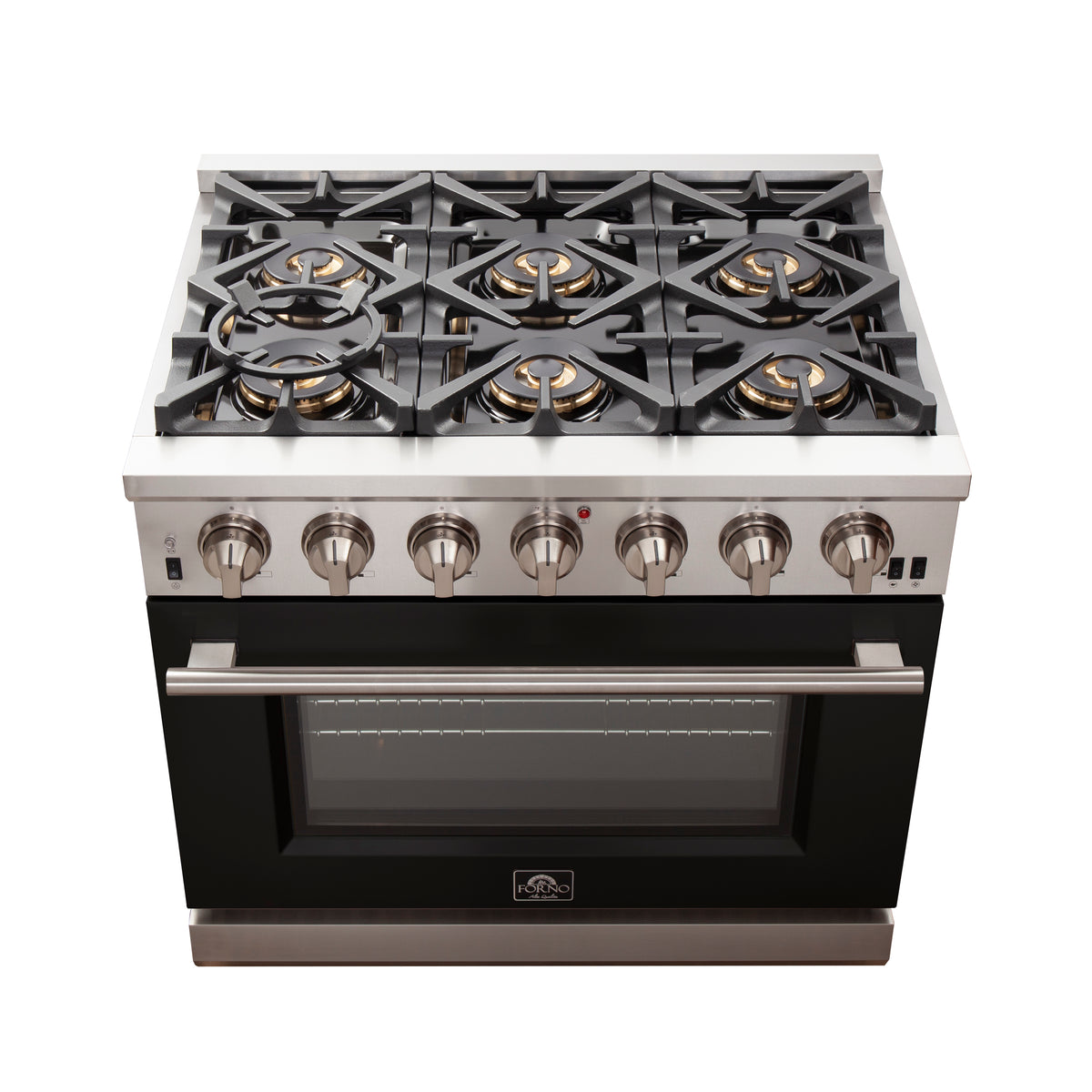 Forno Capriasca 36" Freestanding Gas Range All Stainless Steel, 6 Brass Burners 120,000 BTU, Wok Support