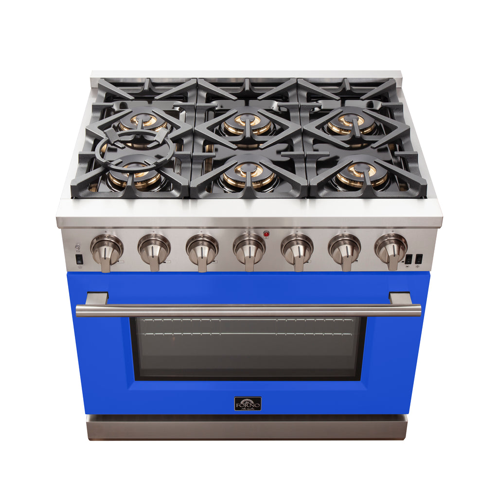 Forno Capriasca 36" Freestanding Gas Range All Stainless Steel, 6 Brass Burners 120,000 BTU, Wok Support
