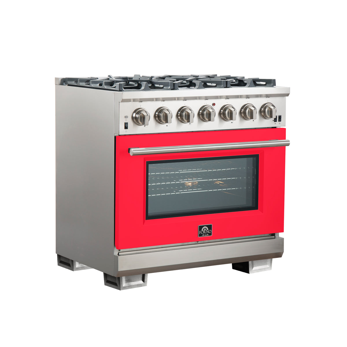 Forno Capriasca 36" Freestanding Gas Range All Stainless Steel, 6 Brass Burners 120,000 BTU, Wok Support