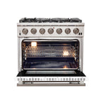 Forno Capriasca 36" Freestanding Gas Range All Stainless Steel, 6 Brass Burners 120,000 BTU, Wok Support