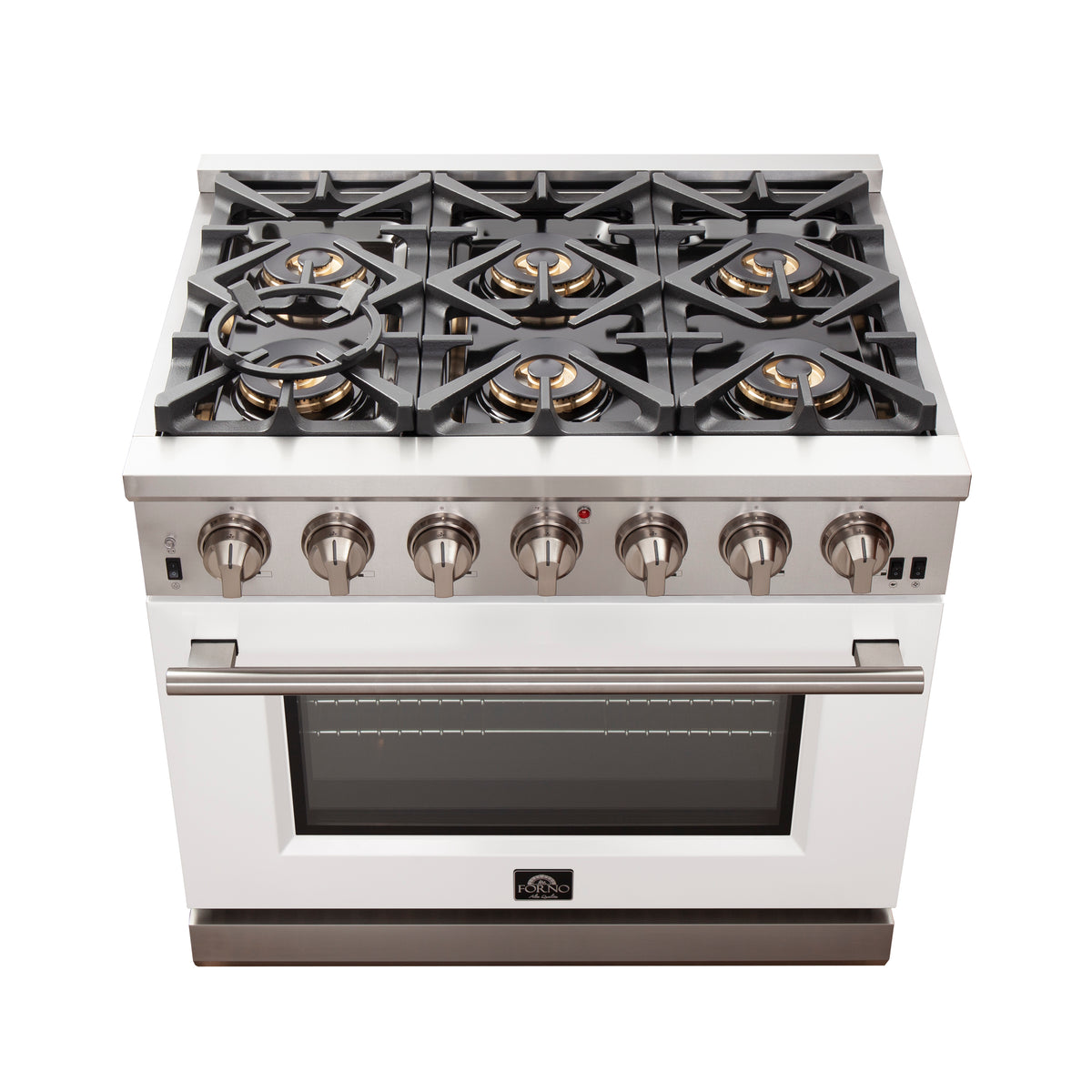 Forno Capriasca 36" Freestanding Gas Range All Stainless Steel, 6 Brass Burners 120,000 BTU, Wok Support
