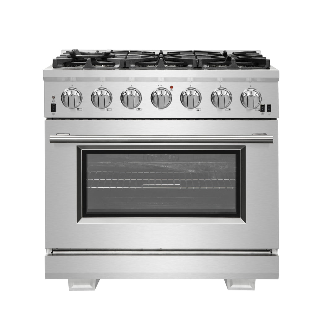 Forno Capriasca 36" Freestanding Gas Range All Stainless Steel, 6 Brass Burners 120,000 BTU, Wok Support
