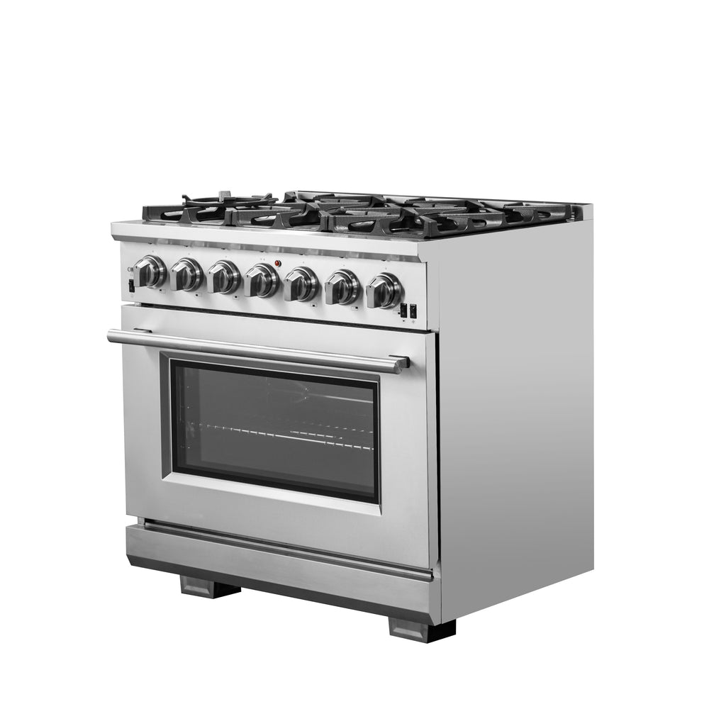 Forno Capriasca 36" Freestanding Gas Range All Stainless Steel, 6 Brass Burners 120,000 BTU, Wok Support