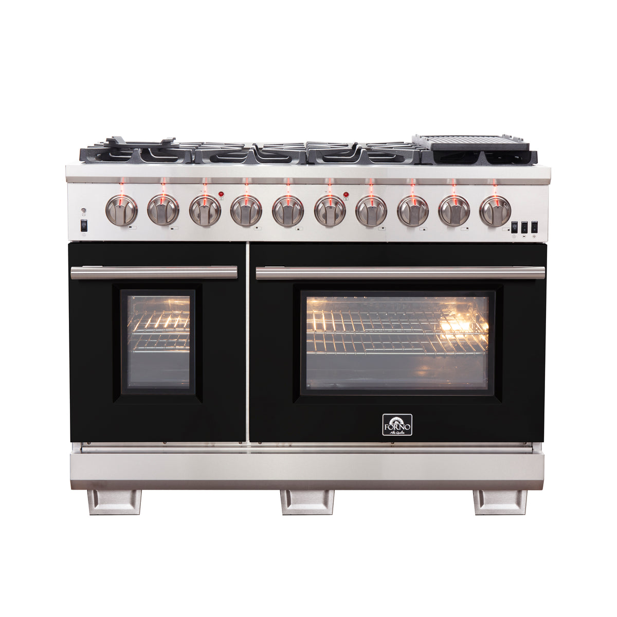Forno Capriasca 48" Freestanding Gas Range All Stainless Steel with Black Doors, 8 Brass Burners 160,000 BTU
