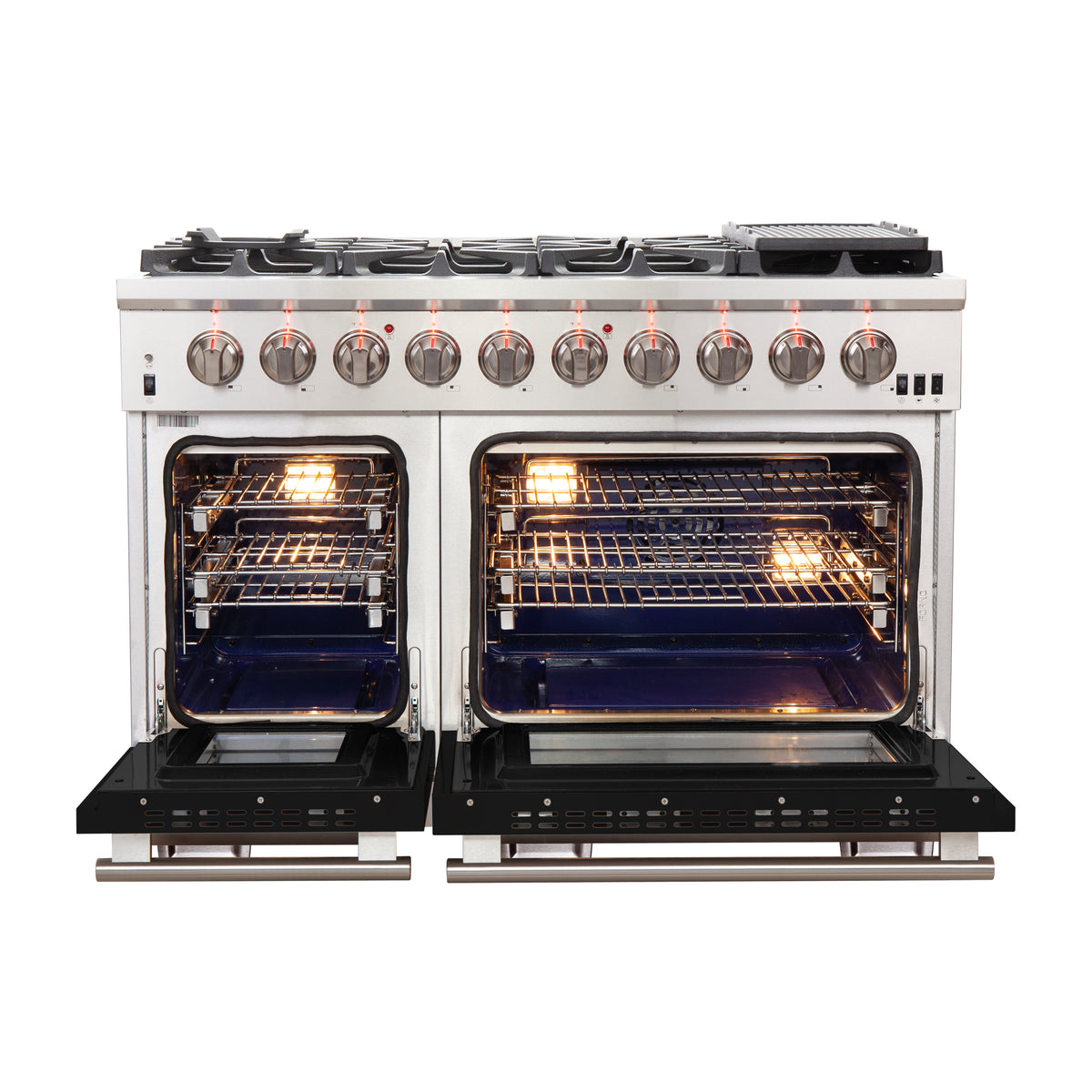 Forno Capriasca 48" Freestanding Gas Range All Stainless Steel with Black Doors, 8 Brass Burners 160,000 BTU