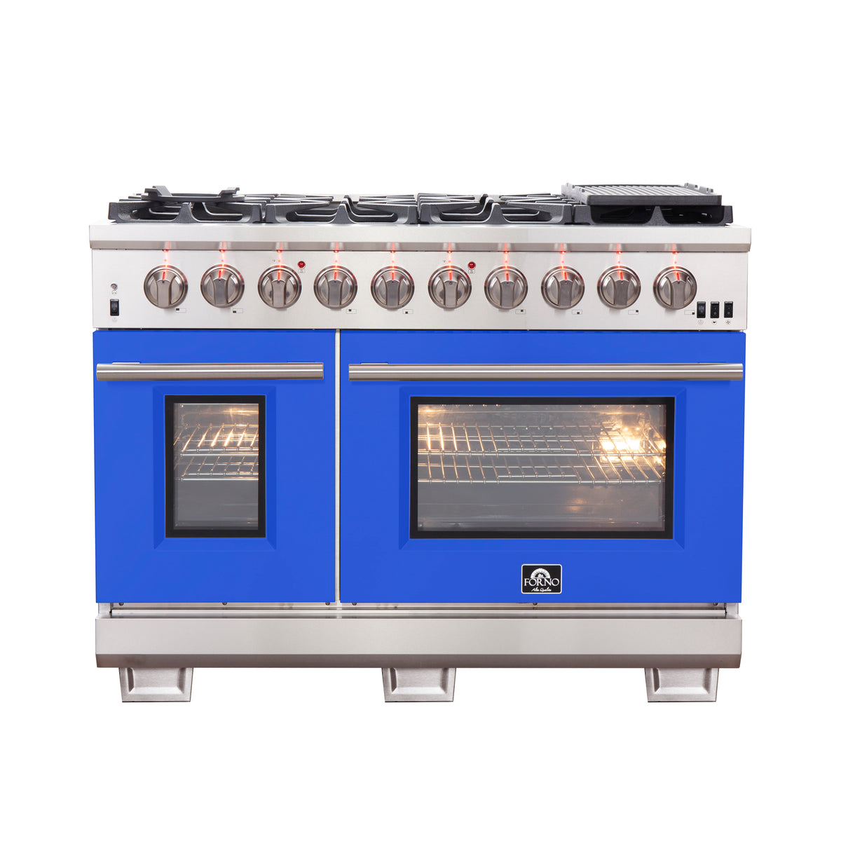 Forno Capriasca 48" Freestanding Gas Range All Stainless Steel with Blue Doors, 8 Brass Burners 160,000 BTU