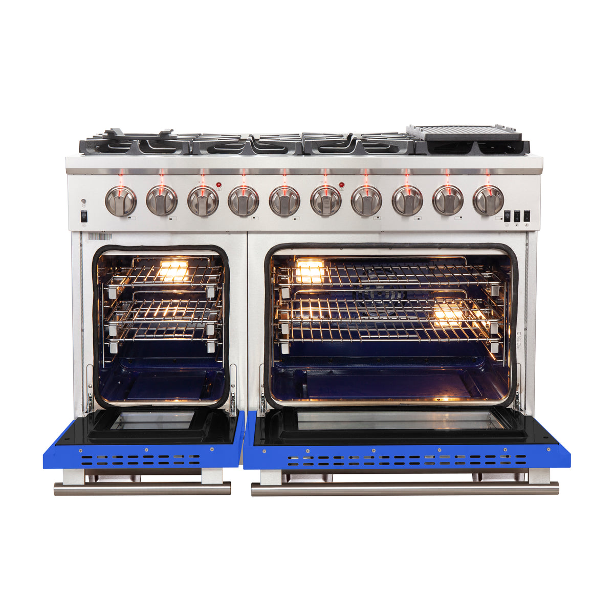 Forno Capriasca 48" Freestanding Gas Range All Stainless Steel with Blue Doors, 8 Brass Burners 160,000 BTU