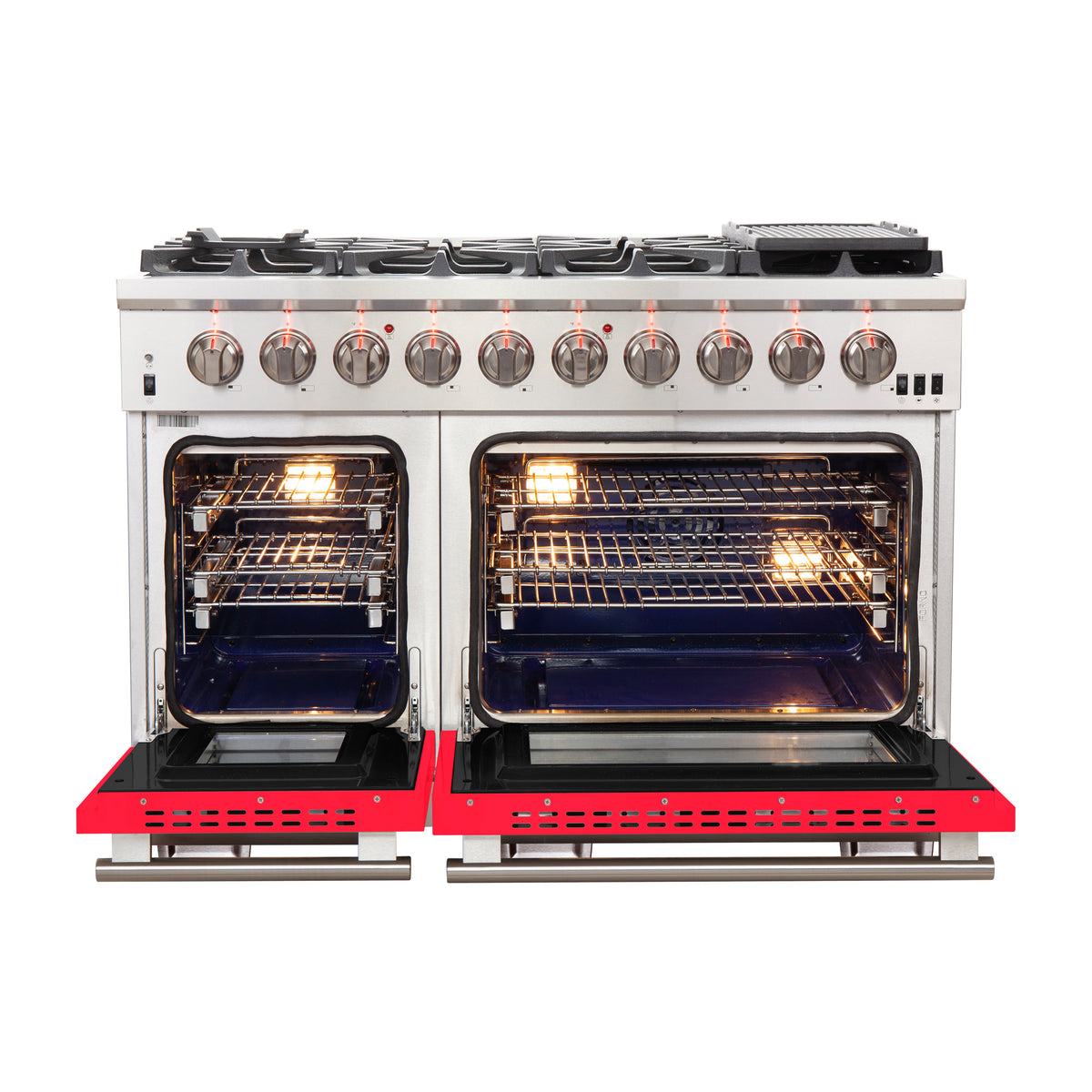 Forno Capriasca 48" Freestanding Gas Range All Stainless Steel with Red Doors, 8 Brass Burners 160,000 BTU