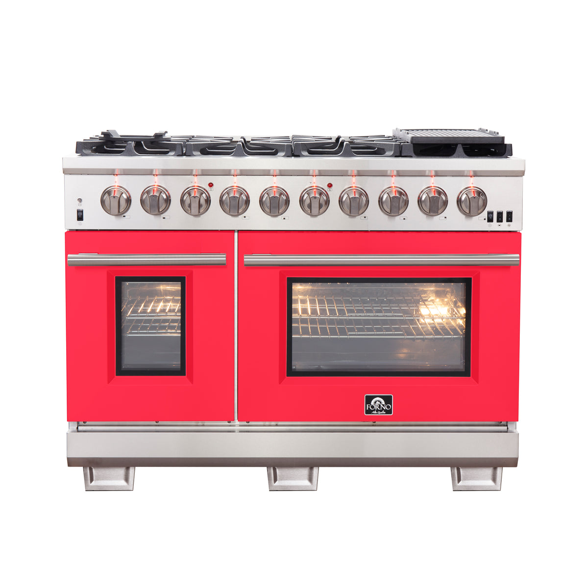 Forno Capriasca 48" Freestanding Gas Range All Stainless Steel with Red Doors, 8 Brass Burners 160,000 BTU