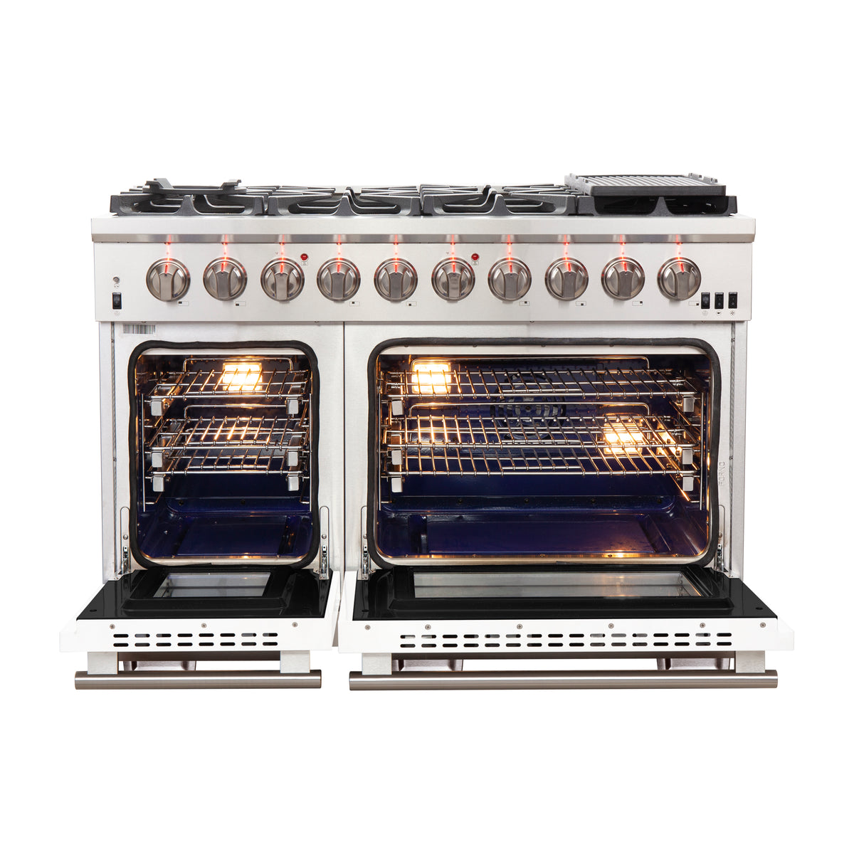 Forno Capriasca 48" Freestanding Gas Range All Stainless Steel with White Doors, 8 Brass Burners 160,000 BTU