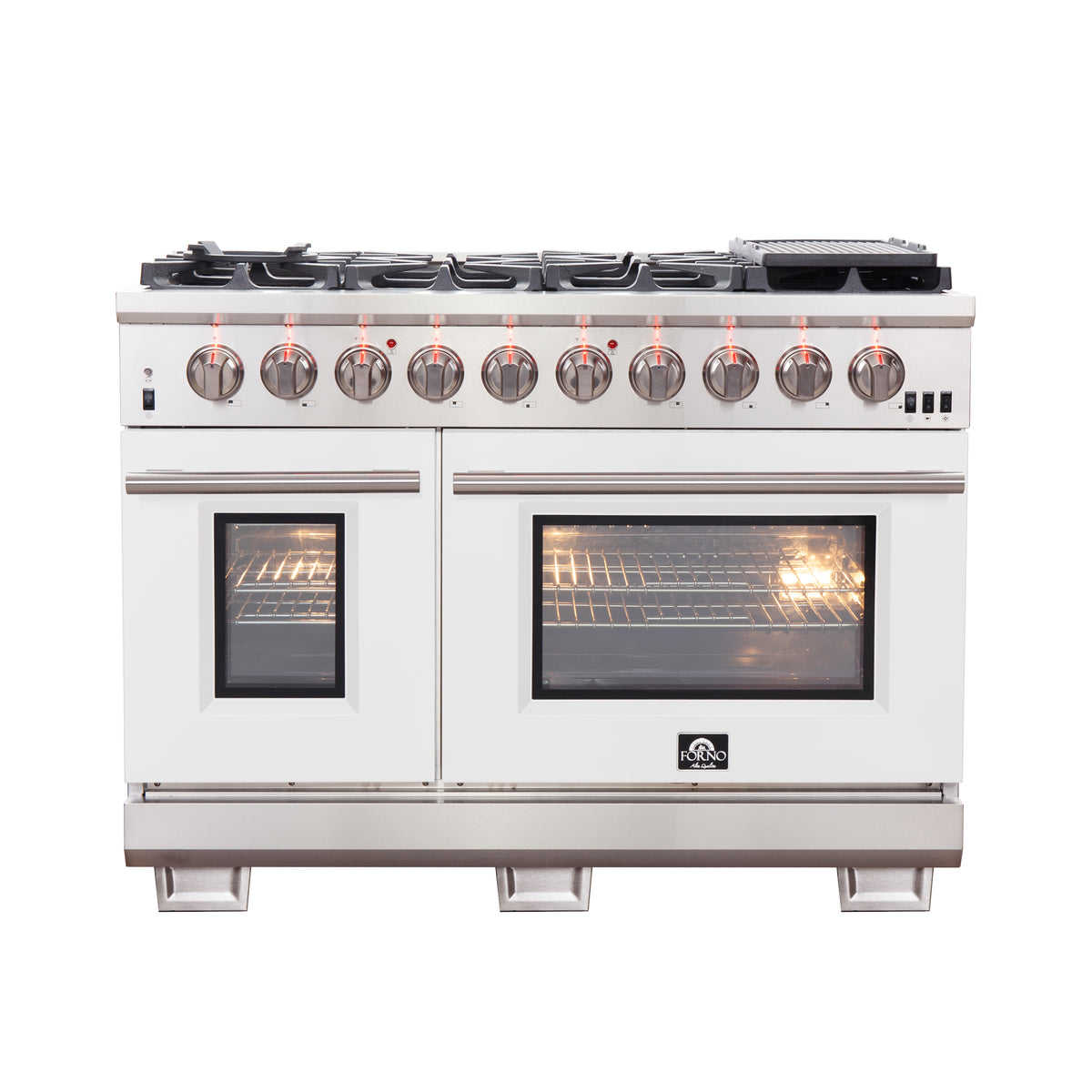 Forno Capriasca 48" Freestanding Gas Range All Stainless Steel with White Doors, 8 Brass Burners 160,000 BTU