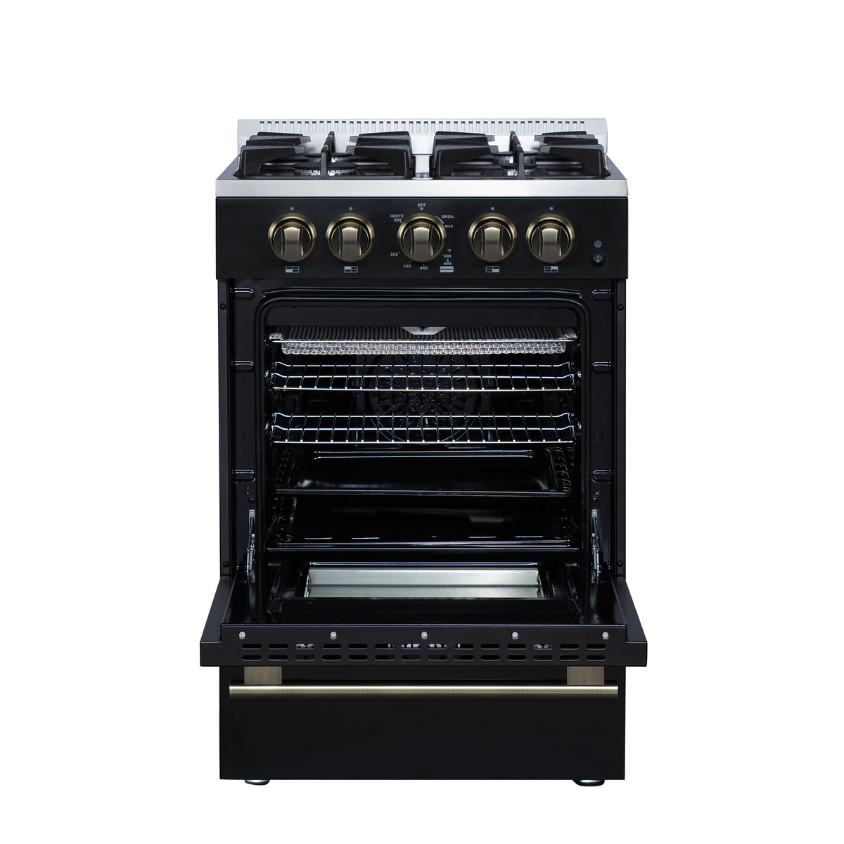 Forno Breno 24" Freestanding Gas Range in Black with Antique Brass Accessories, 4 Sealed Burners 38,000 BTU