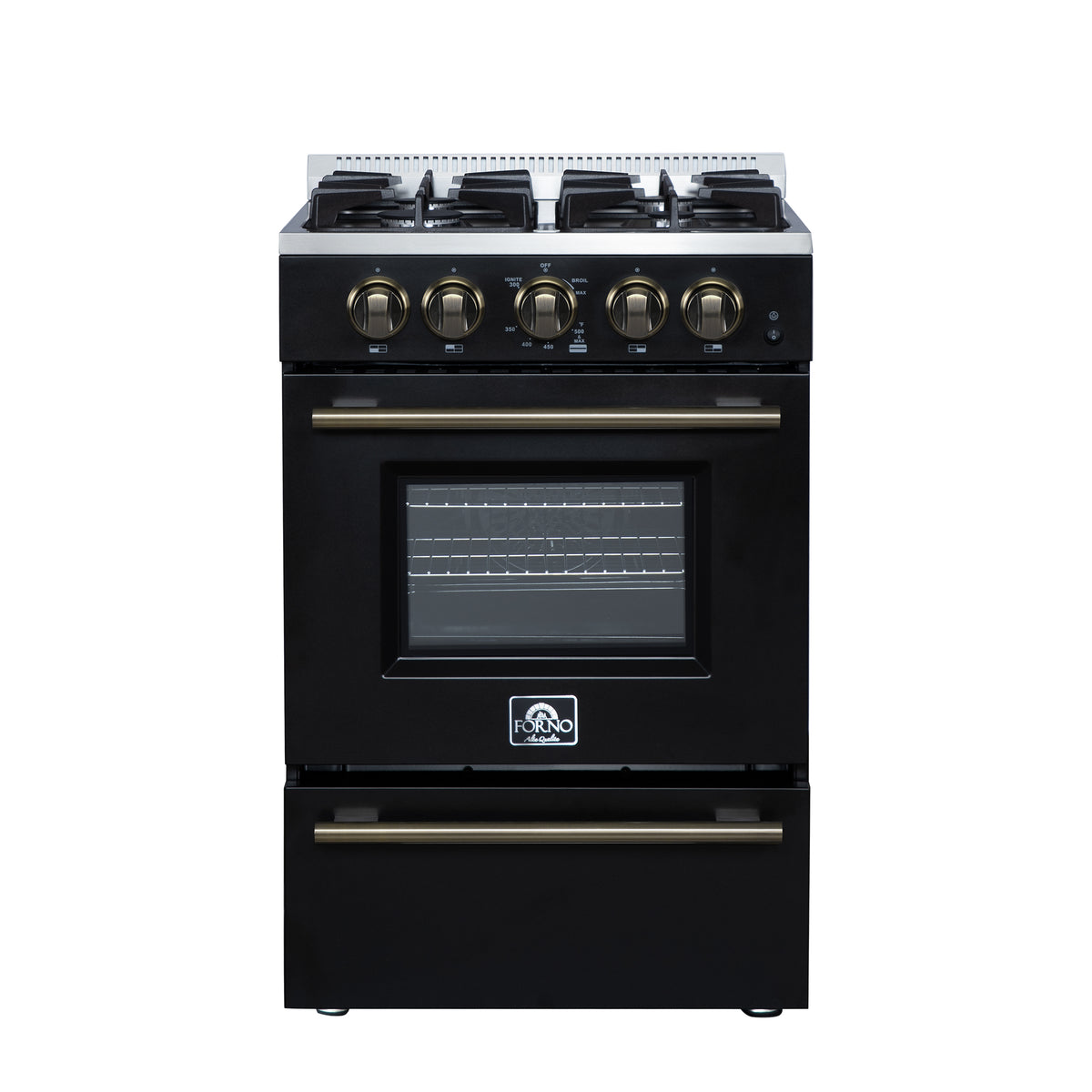 Forno Breno 24" Freestanding Gas Range in Black with Antique Brass Accessories, 4 Sealed Burners 38,000 BTU