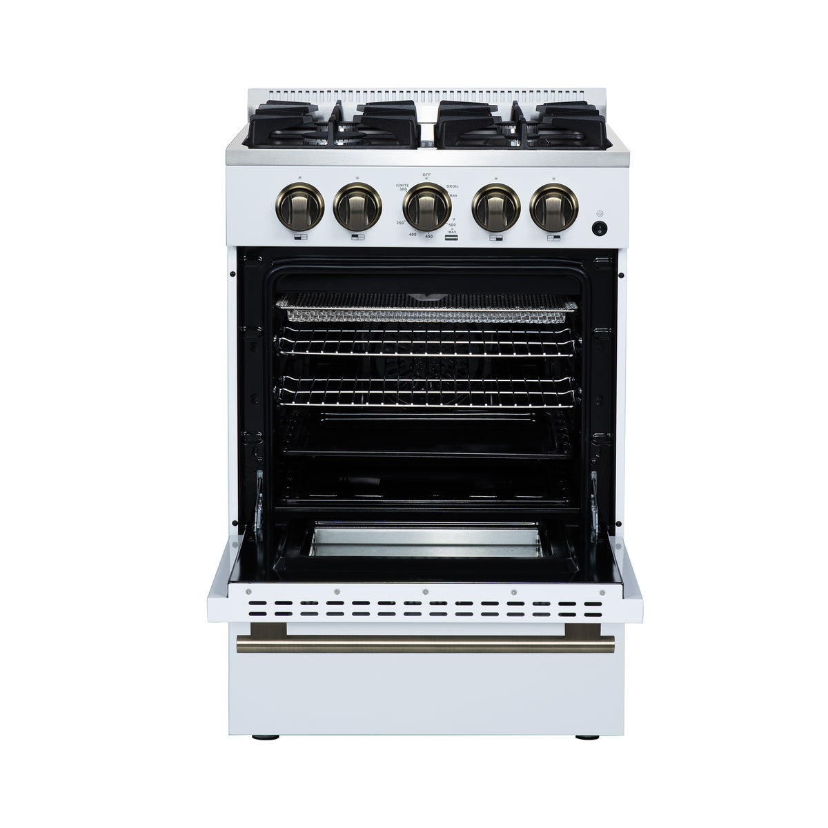 Forno Breno 24" Freestanding Gas Range in White with Antique Brass Accessories, 4 Sealed Burners 38,000 BTU