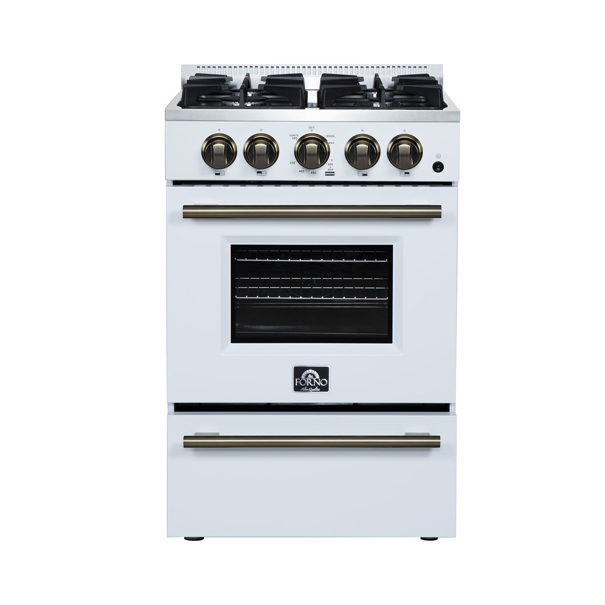 Forno Breno 24" Freestanding Gas Range in White with Antique Brass Accessories, 4 Sealed Burners 38,000 BTU
