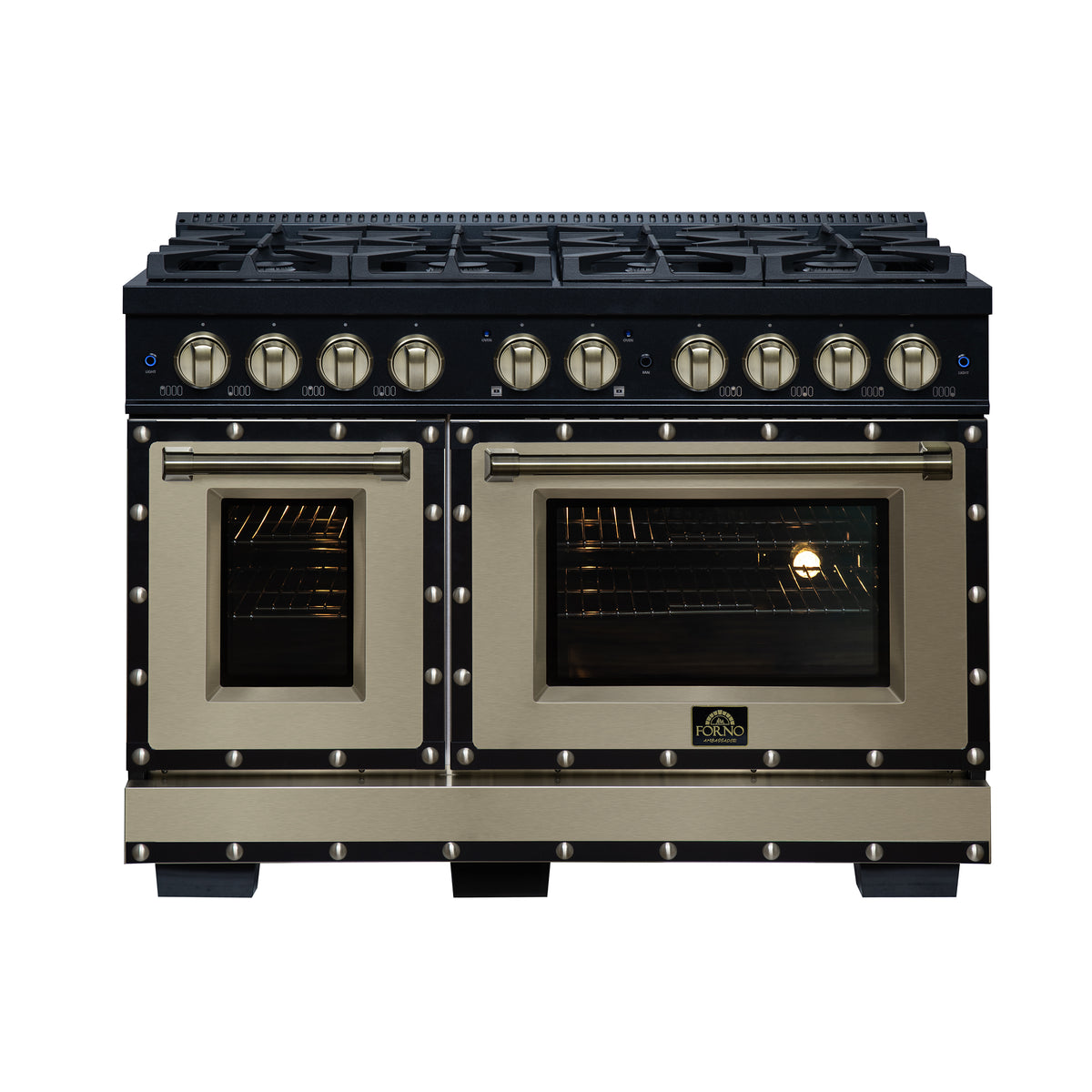 Forno Ambassador 48" Gas Range in Black, 8 Sealed Burnes, 94 000 BTU Cooktop Output, 6.7 Cu.Ft. Double Oven
