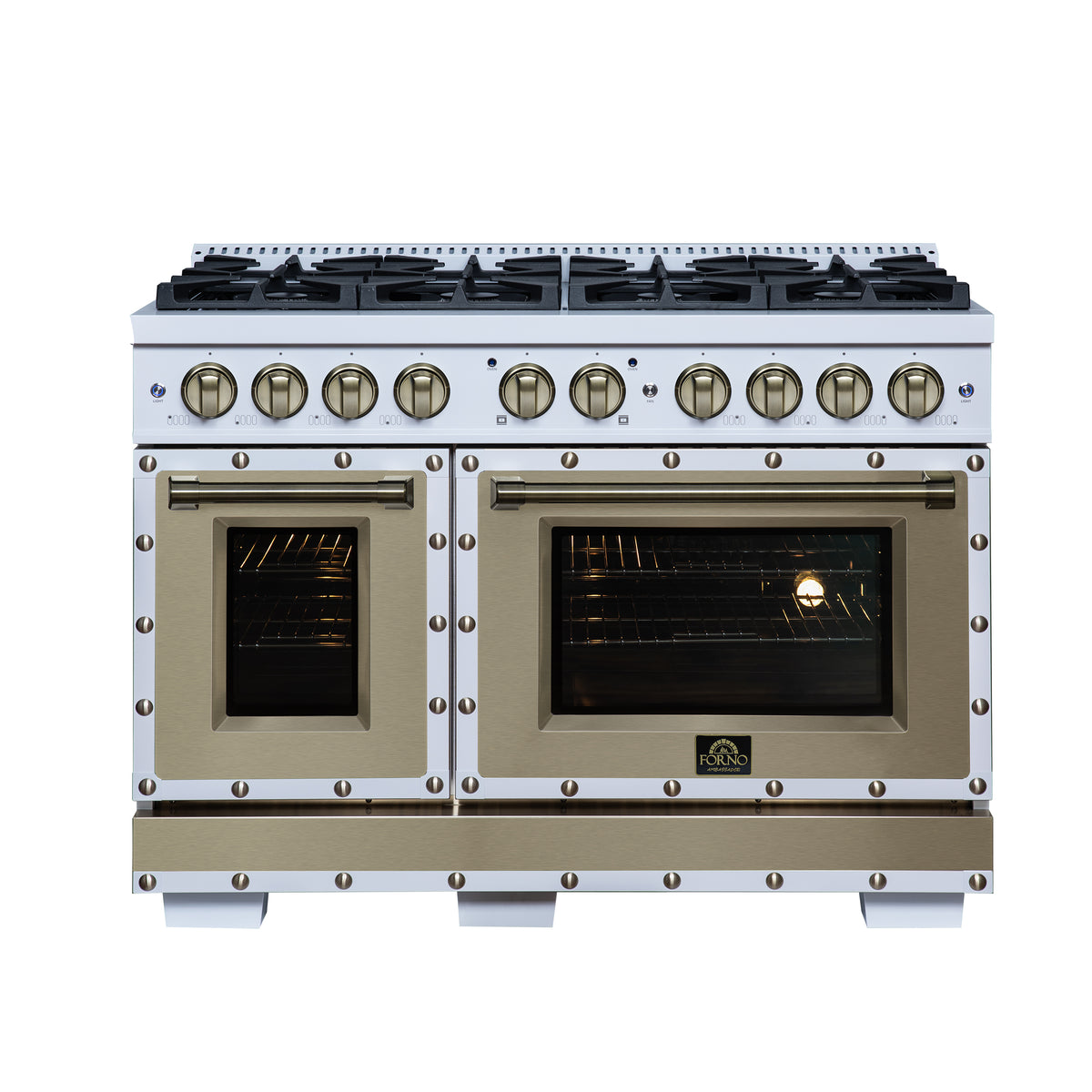Forno Ambassador 48" Gas Range in White, 8 Sealed Burnes, 94 000 BTU Cooktop Output, 6.7 Cu.Ft. Double Oven