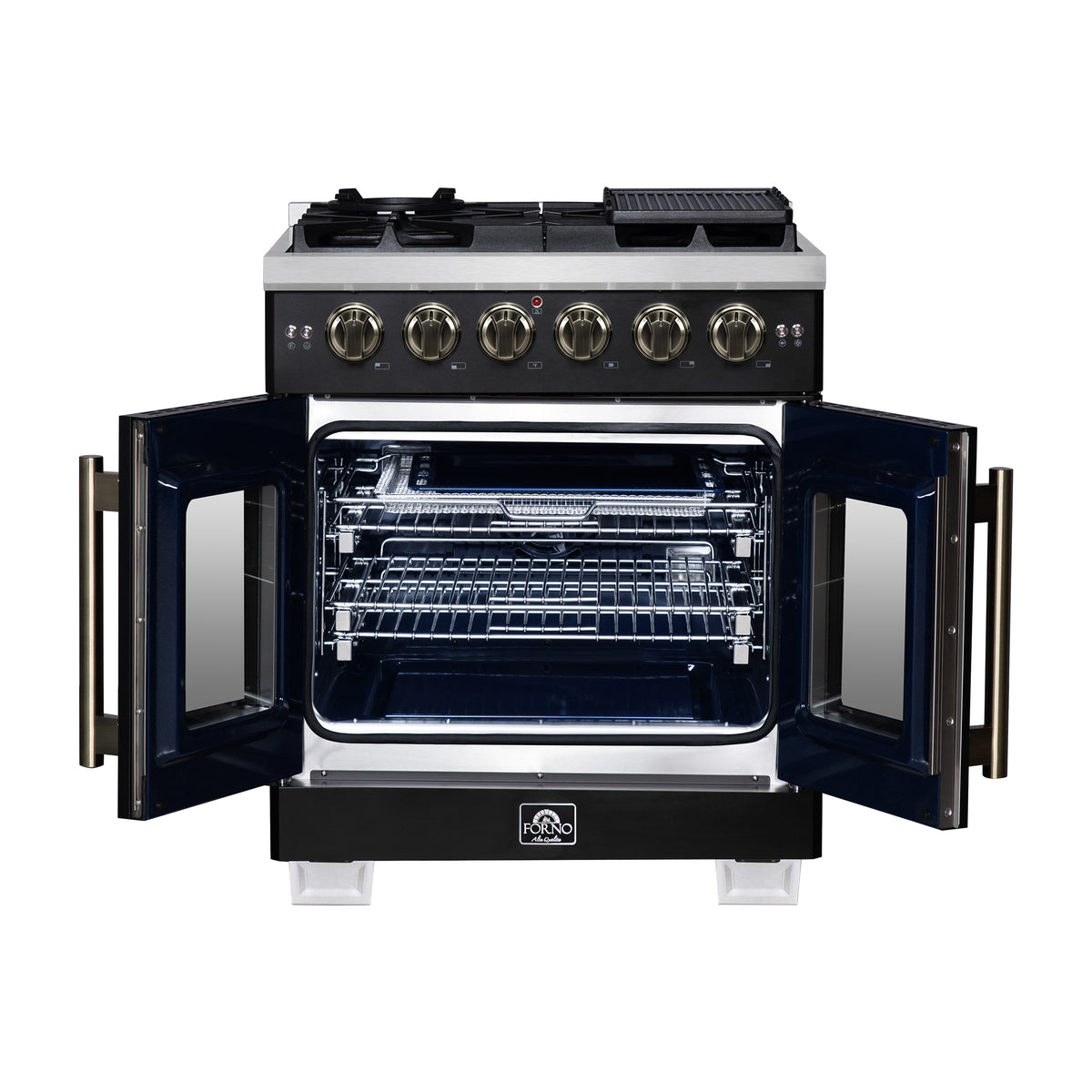 Forno Capriasca 30" French Door Gas Range in Black, 5 Brass Burners 100,000 BTU, Wok Support & Griddle