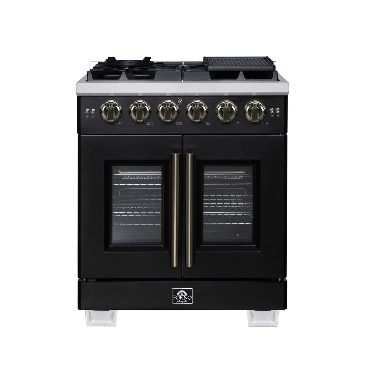 Forno Capriasca 30" French Door Gas Range in Black, 5 Brass Burners 100,000 BTU, Wok Support & Griddle