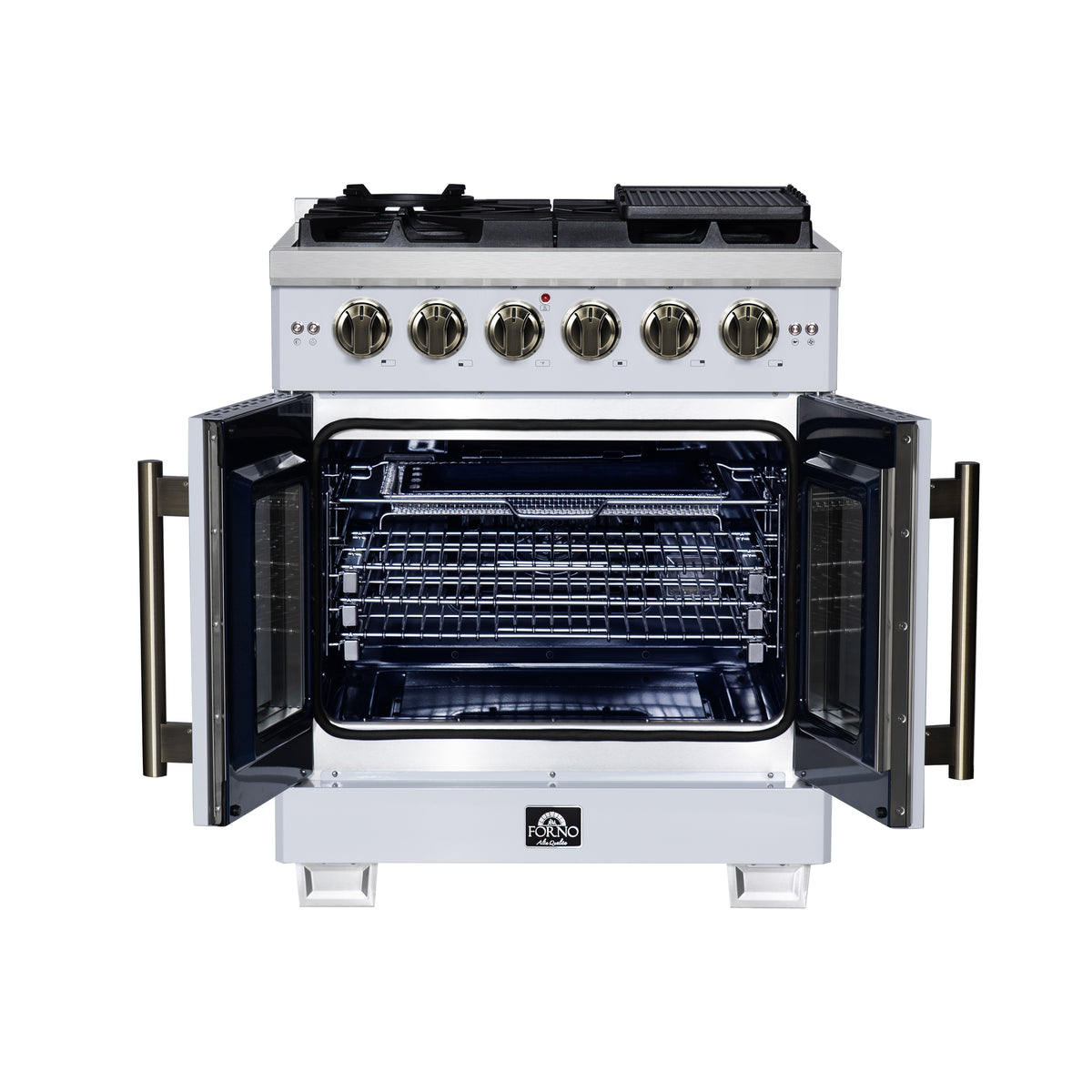 Forno Capriasca 30" French Door Gas Range in White, 5 Brass Burners 100,000 BTU, Wok Support & Griddle