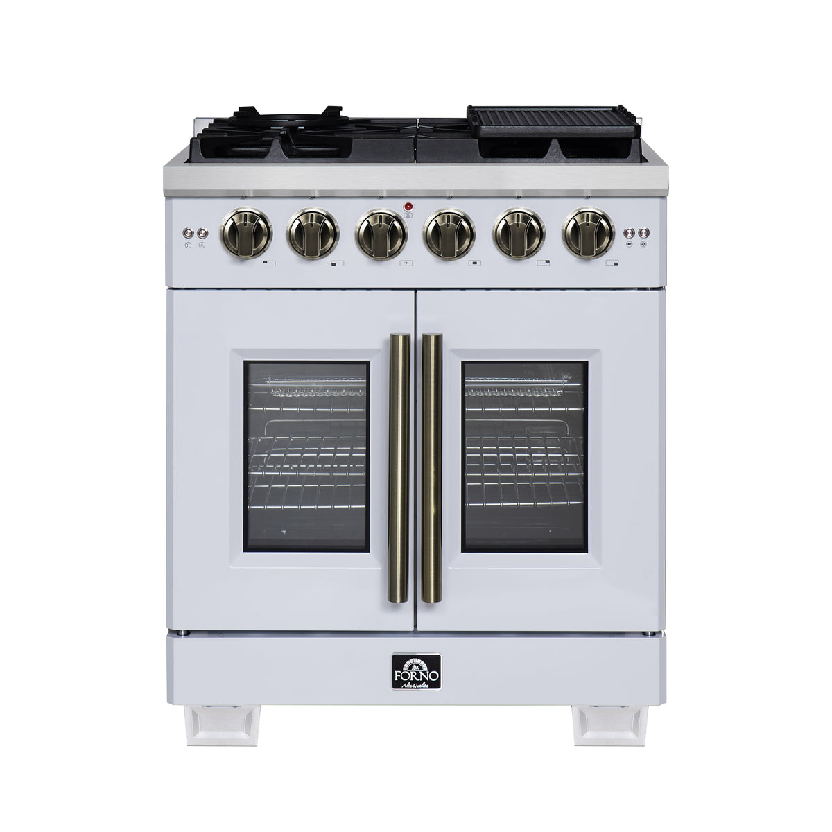 Forno Capriasca 30" French Door Gas Range in White, 5 Brass Burners 100,000 BTU, Wok Support & Griddle