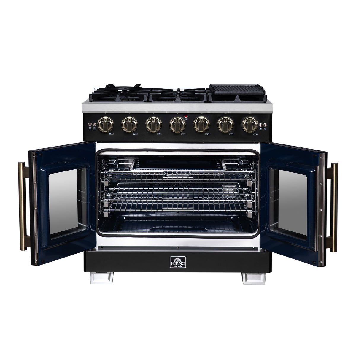Forno Capriasca 36" French Door Gas Range in Black, 6 Brass Burners 120,000 BTU, Wok Support & Griddle
