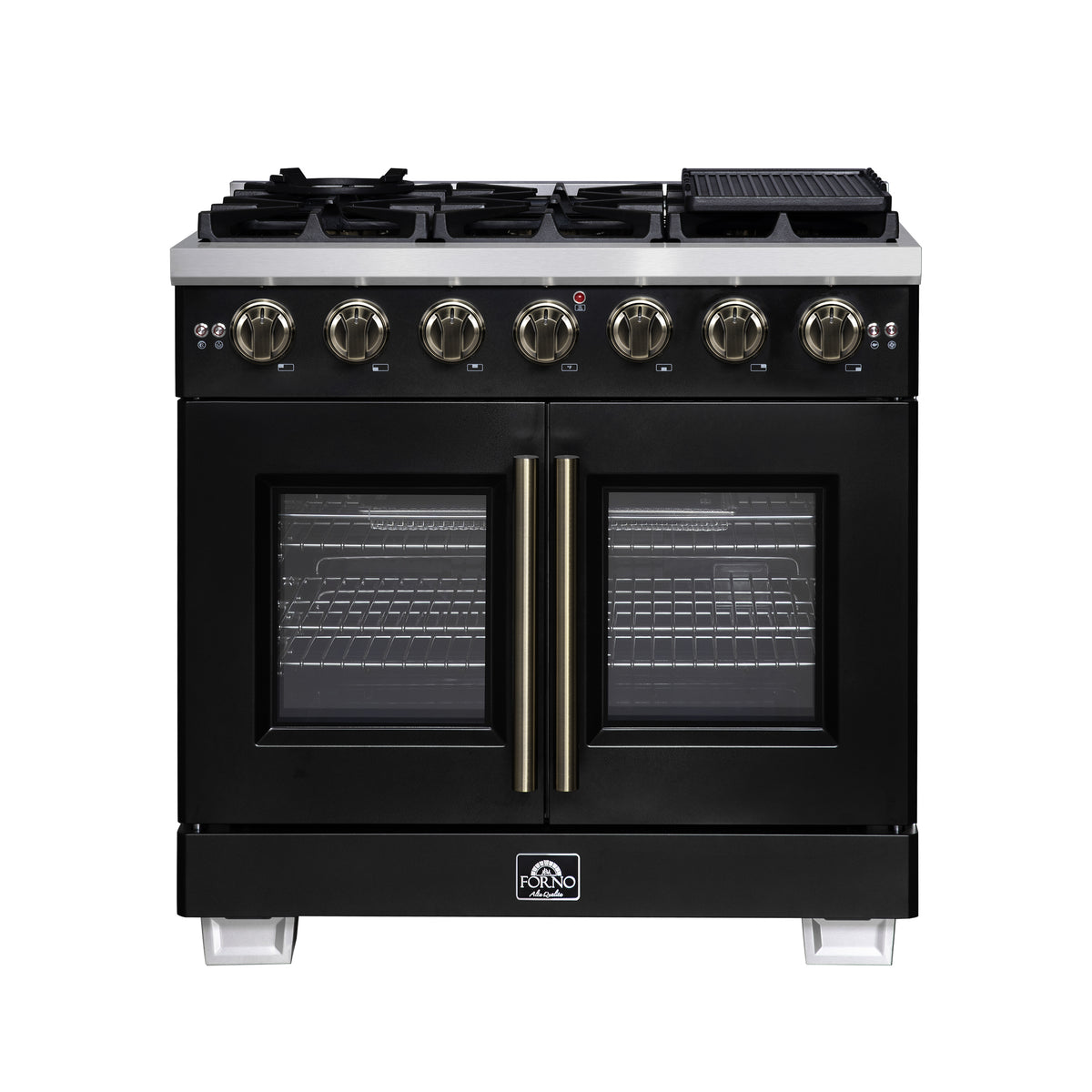 Forno Capriasca 36" French Door Gas Range in Black, 6 Brass Burners 120,000 BTU, Wok Support & Griddle
