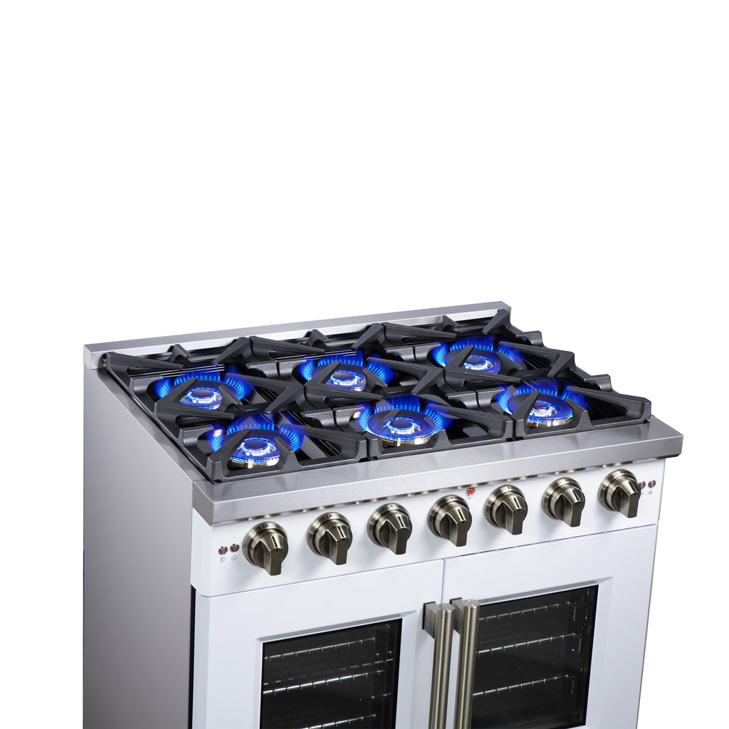 Forno Capriasca 36" French Door Gas Range in White, 6 Brass Burners 120,000 BTU, Wok Support & Griddle