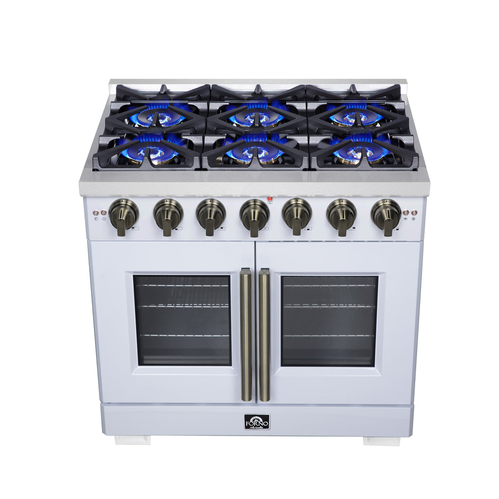 Forno Capriasca 36" French Door Gas Range in White, 6 Brass Burners 120,000 BTU, Wok Support & Griddle