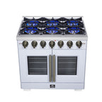 Forno Capriasca 36" French Door Gas Range in White, 6 Brass Burners 120,000 BTU, Wok Support & Griddle