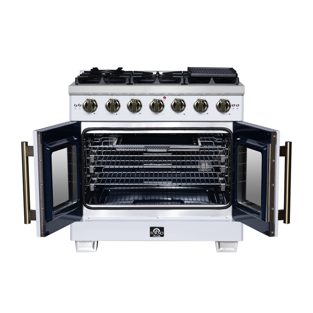 Forno Capriasca 36" French Door Gas Range in White, 6 Brass Burners 120,000 BTU, Wok Support & Griddle