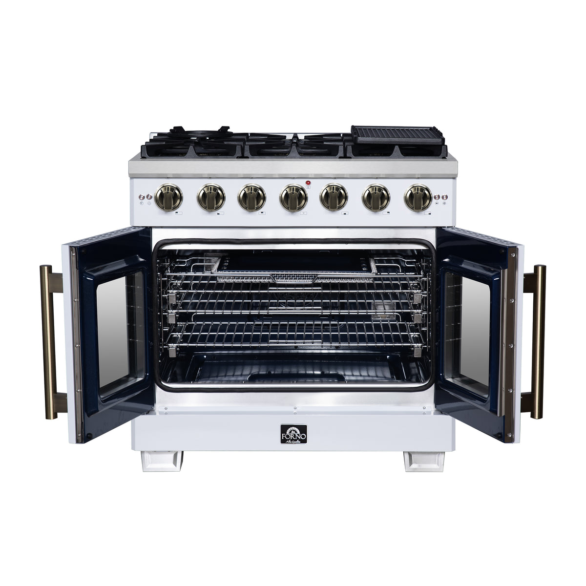 Forno Capriasca 36" French Door Gas Range in White, 6 Brass Burners 120,000 BTU, Wok Support & Griddle