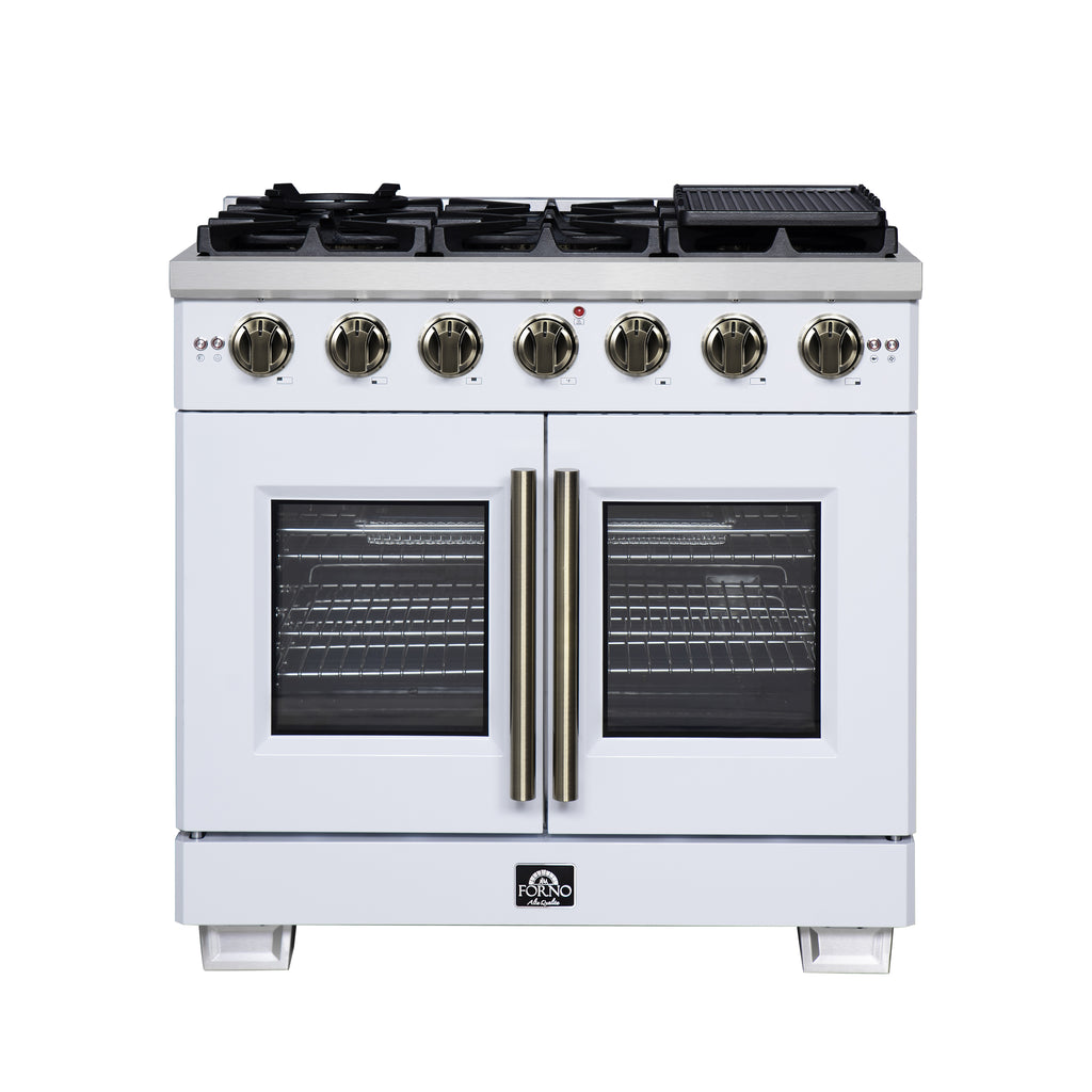 Forno Capriasca 36" French Door Gas Range in White, 6 Brass Burners 120,000 BTU, Wok Support & Griddle