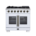 Forno Capriasca 36" French Door Gas Range in White, 6 Brass Burners 120,000 BTU, Wok Support & Griddle