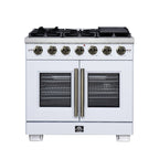Forno Capriasca 36" French Door Gas Range in White, 6 Brass Burners 120,000 BTU, Wok Support & Griddle
