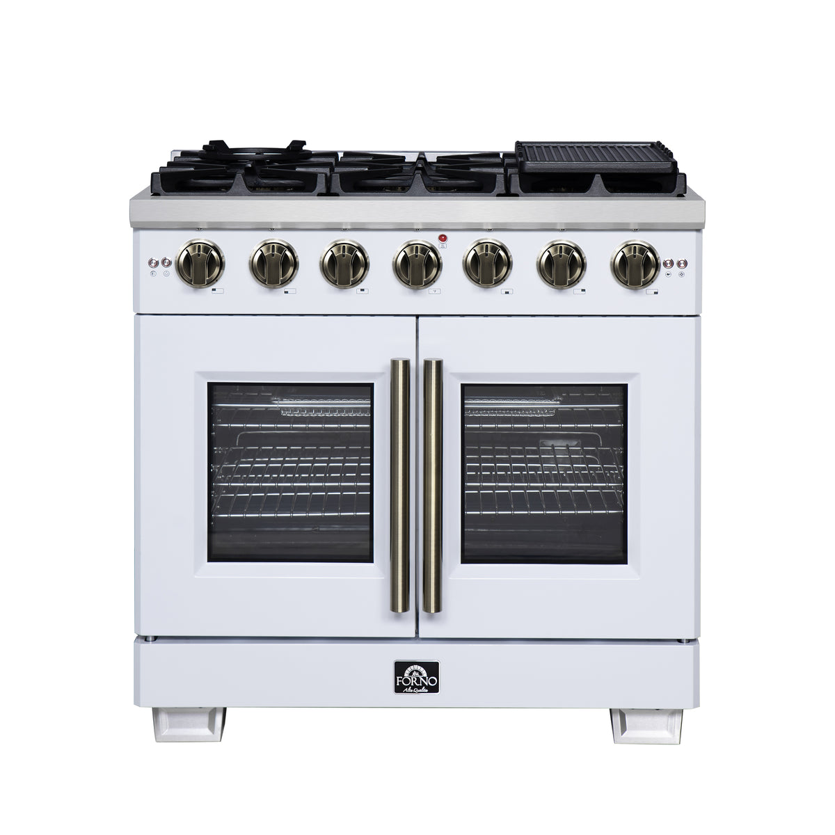 Forno Capriasca 36" French Door Gas Range in White, 6 Brass Burners 120,000 BTU, Wok Support & Griddle