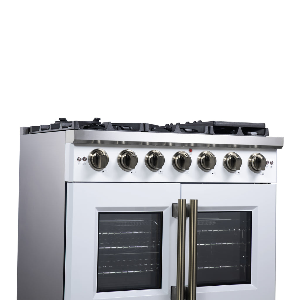 Forno Capriasca 36" French Door Gas Range in White, 6 Brass Burners 120,000 BTU, Wok Support & Griddle
