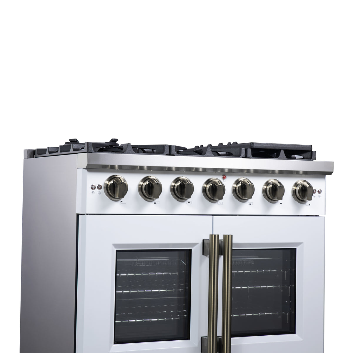 Forno Capriasca 36" French Door Gas Range in White, 6 Brass Burners 120,000 BTU, Wok Support & Griddle