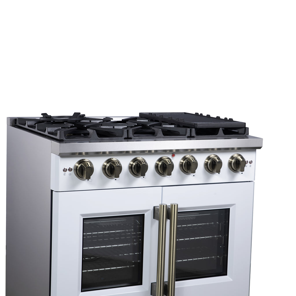 Forno Capriasca 36" French Door Gas Range in White, 6 Brass Burners 120,000 BTU, Wok Support & Griddle