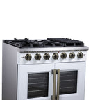 Forno Capriasca 36" French Door Gas Range in White, 6 Brass Burners 120,000 BTU, Wok Support & Griddle