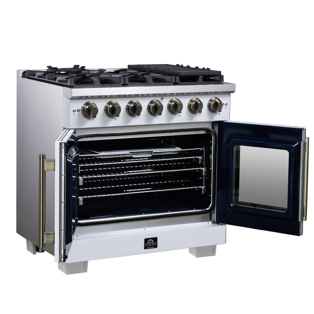 Forno Capriasca 36" French Door Gas Range in White, 6 Brass Burners 120,000 BTU, Wok Support & Griddle