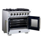 Forno Capriasca 36" French Door Gas Range in White, 6 Brass Burners 120,000 BTU, Wok Support & Griddle