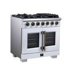 Forno Capriasca 36" French Door Gas Range in White, 6 Brass Burners 120,000 BTU, Wok Support & Griddle