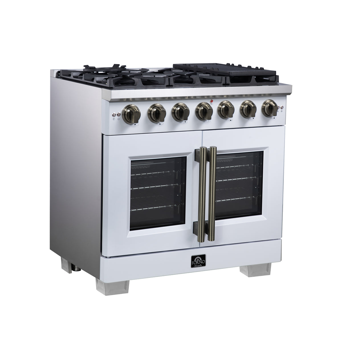 Forno Capriasca 36" French Door Gas Range in White, 6 Brass Burners 120,000 BTU, Wok Support & Griddle