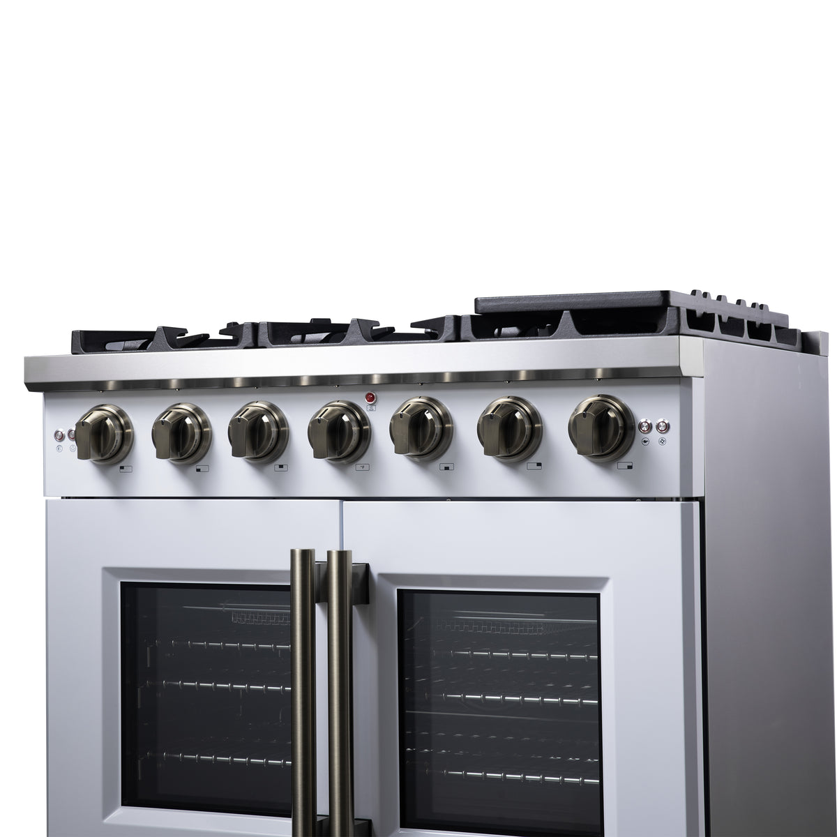 Forno Capriasca 36" French Door Gas Range in White, 6 Brass Burners 120,000 BTU, Wok Support & Griddle
