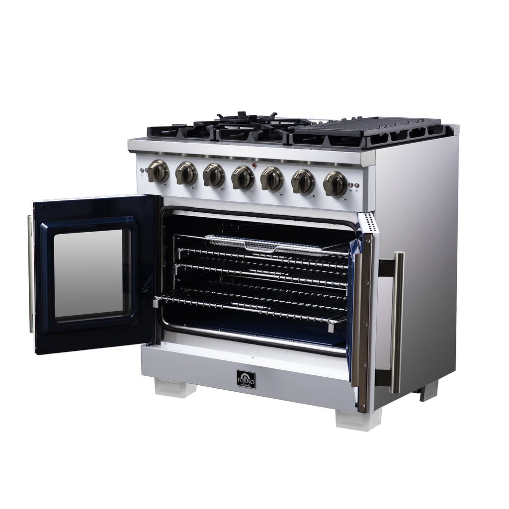 Forno Capriasca 36" French Door Gas Range in White, 6 Brass Burners 120,000 BTU, Wok Support & Griddle