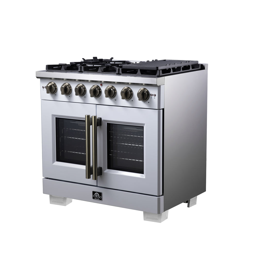 Forno Capriasca 36" French Door Gas Range in White, 6 Brass Burners 120,000 BTU, Wok Support & Griddle