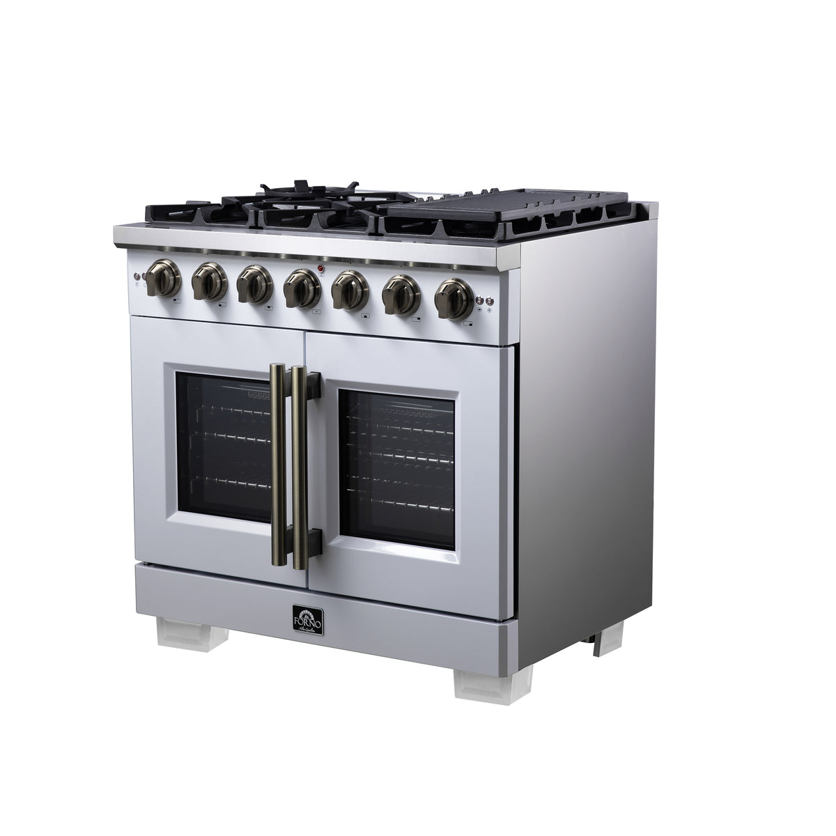 Forno Capriasca 36" French Door Gas Range in White, 6 Brass Burners 120,000 BTU, Wok Support & Griddle