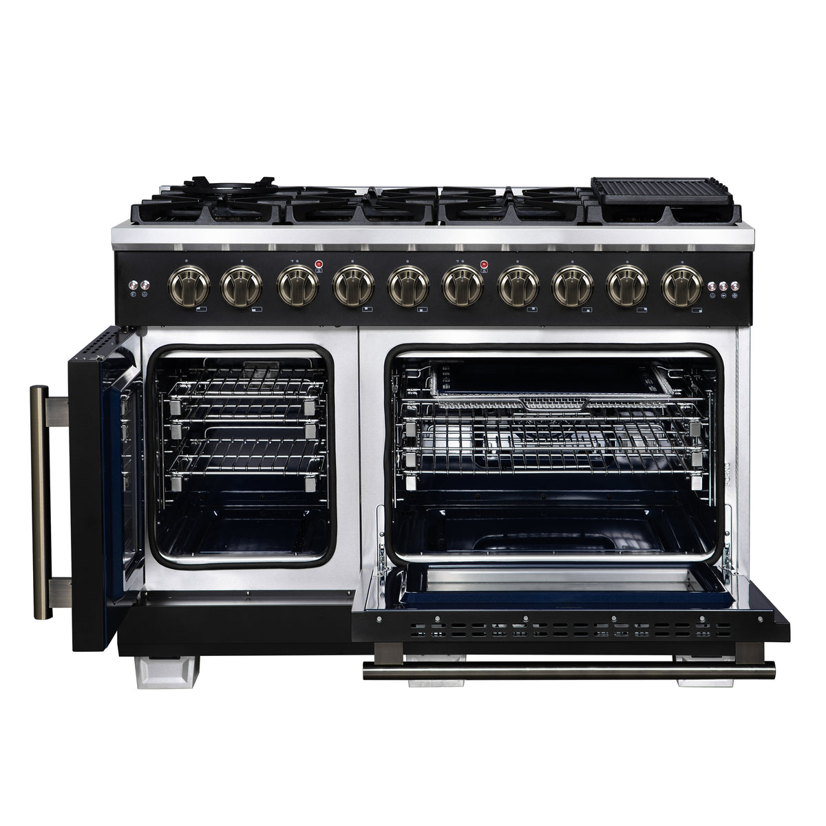 Forno Capriasca 48" French Door Gas Range Black, 8 Brass Burners 160,000 BTU, Wok Support & Griddle